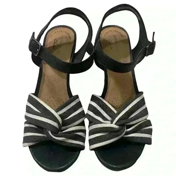 Clark’s Margee Beth Navy Striped Sandals Wedge Heels Rope Size 7.5 used like new - Picture 6 of 6